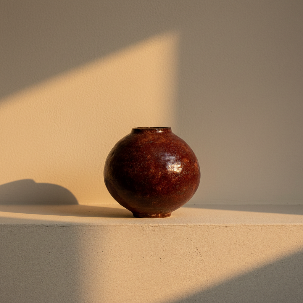 Round moon jar under a deep glossy oxblood glaze