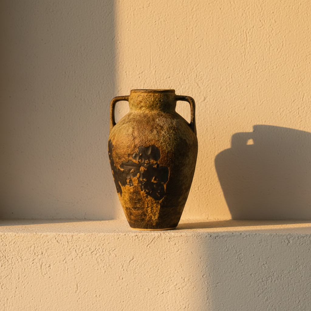 Two-handled amphora in mottled olive and ochre pottery