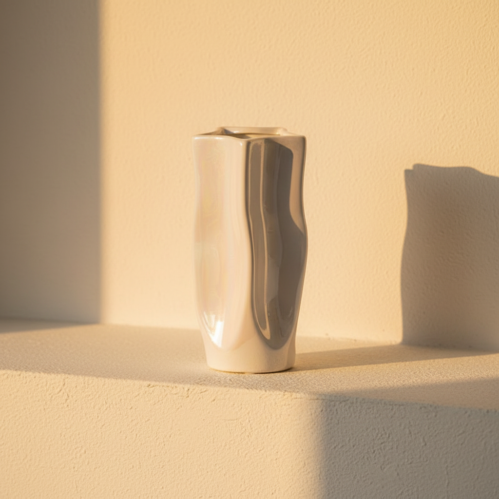 Tall rectangular vase in a pearlescent white glaze