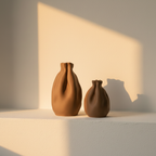 A pair of matte clay bud vases with gathered cloth-bag necks