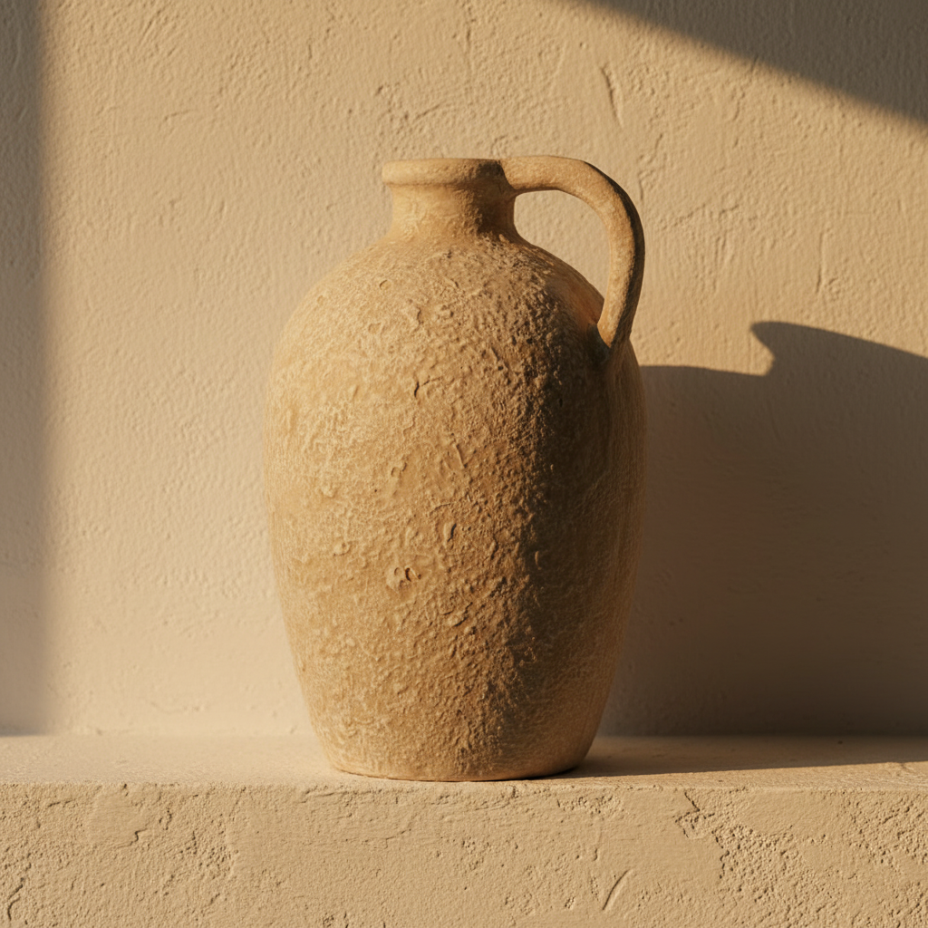 Large oatmeal pottery jug with a heavy looped handle