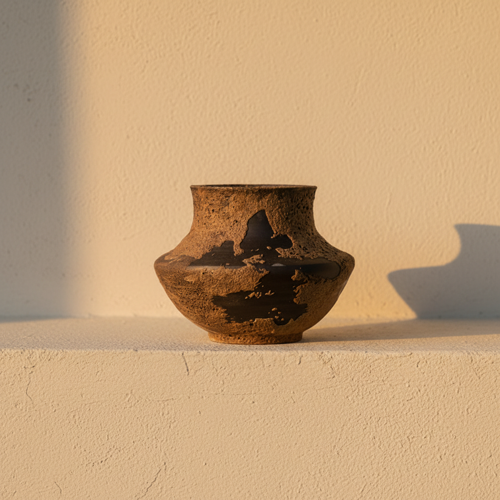 Squat speckled clay jar with dark patches where the glaze pulled away