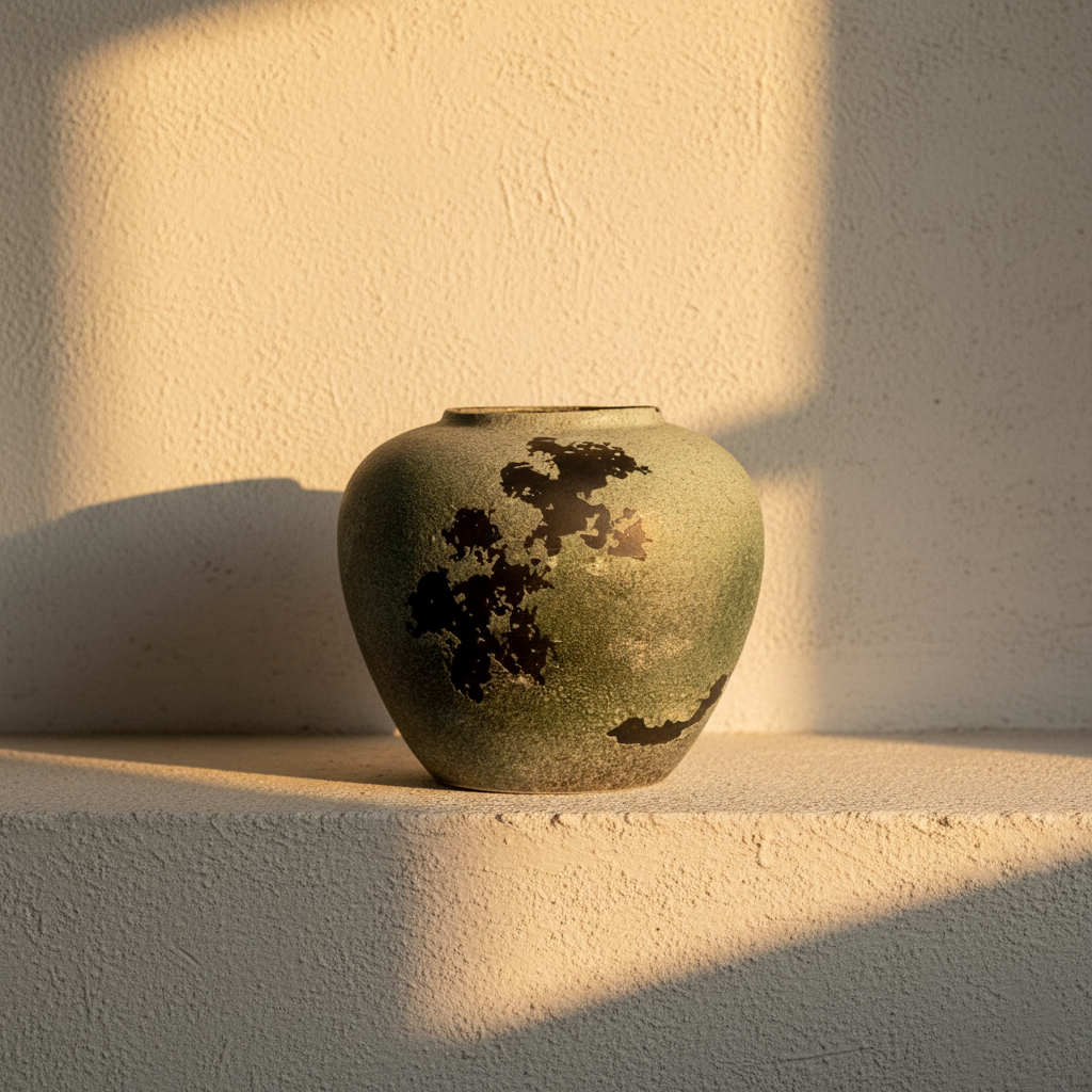 Round jar in a pale sage crackle glaze with dark mineral speckling