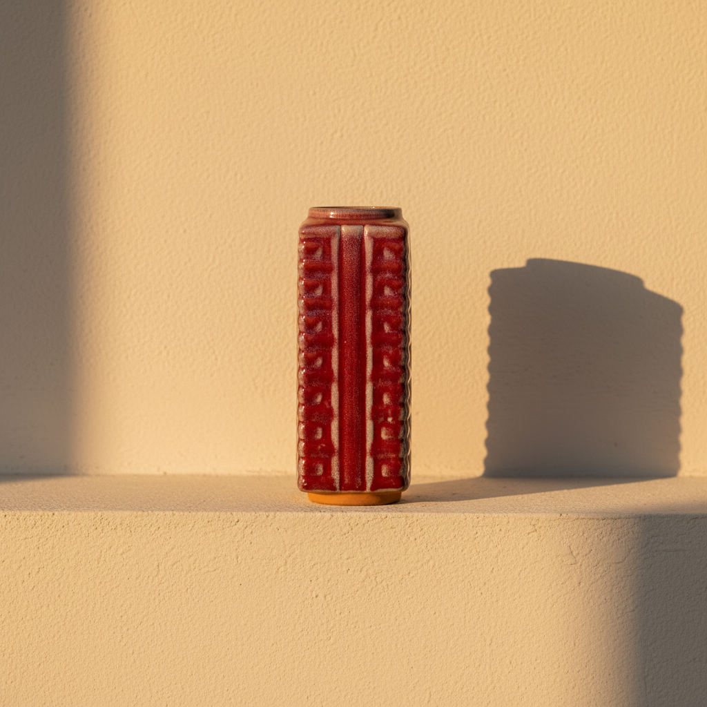 Ribbed rectangular vase in a glossy oxblood glaze on a plaster ledge