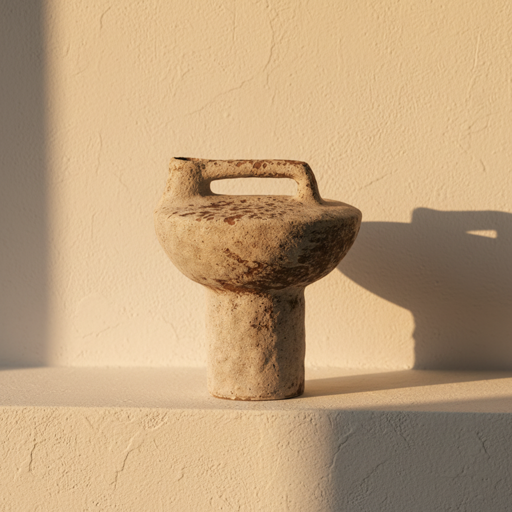 Stone-finish vase with a wide flat top over a narrow pedestal