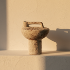 Stone-finish vase with a wide flat top over a narrow pedestal