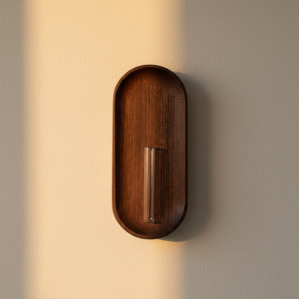 Walnut wall-mounted bud vase with a slim glass tube