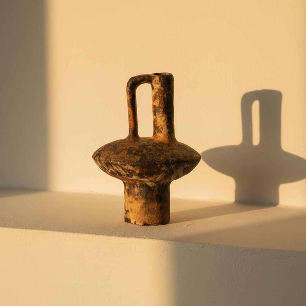 Scorched stoneware vase with a large squared handle on a plaster ledge