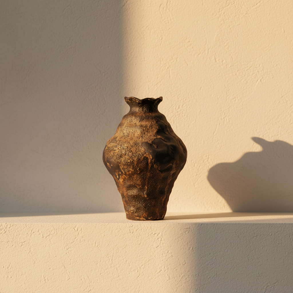 Bulbous vase in a blistered dark volcanic glaze with a ruffled rim
