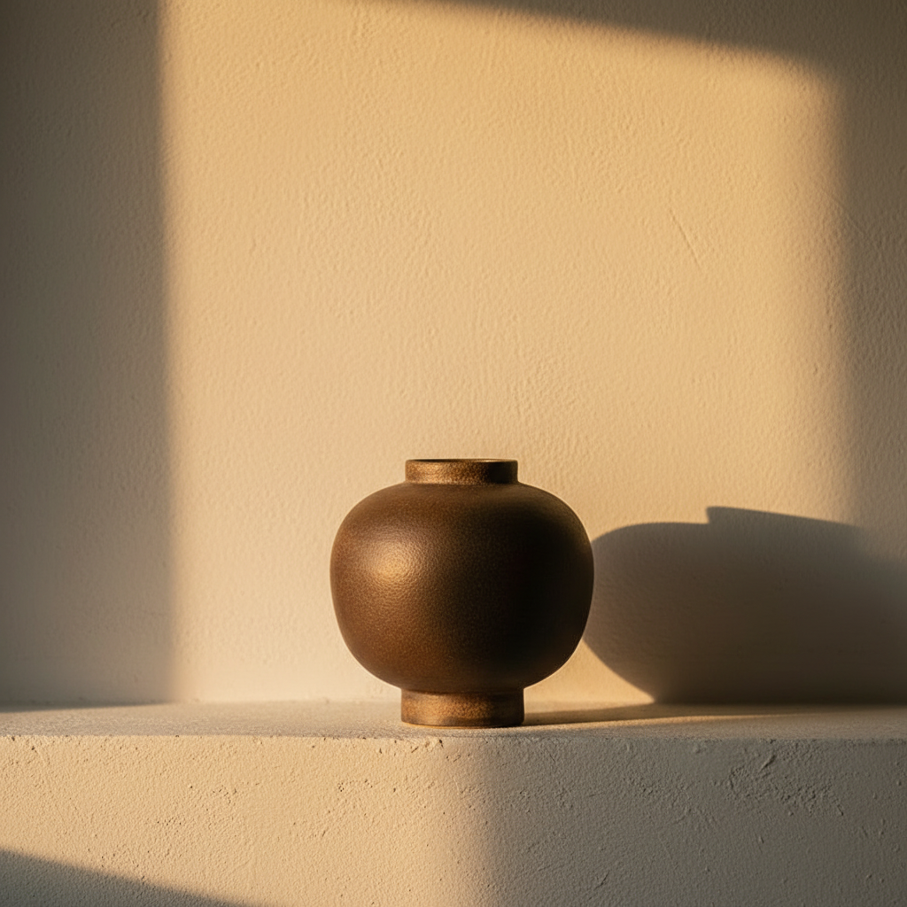 Round squat stoneware pot in a dry dark matte glaze