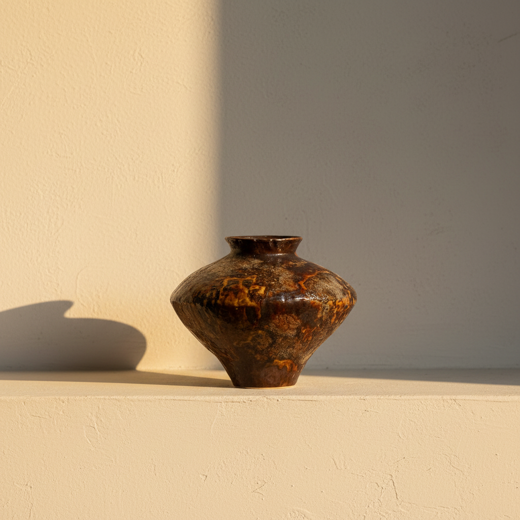 Wide-shouldered vase in a glossy amber tortoiseshell glaze