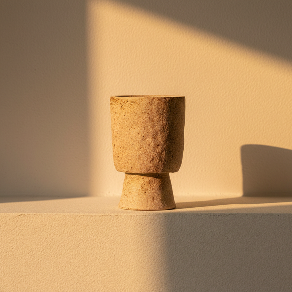 Goblet-shaped vase in pitted cream travertine-like stoneware