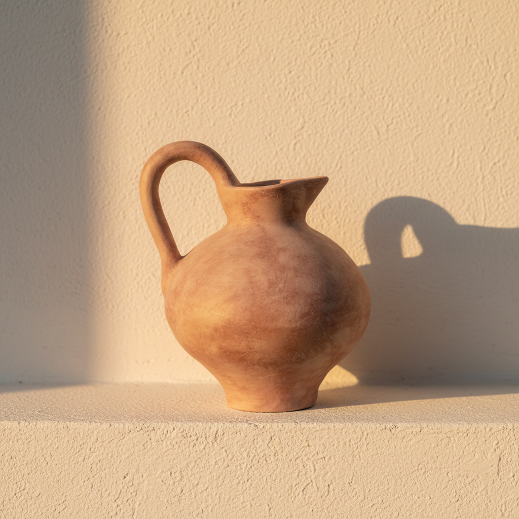 Small terracotta jug vase with a looped handle and curved neck