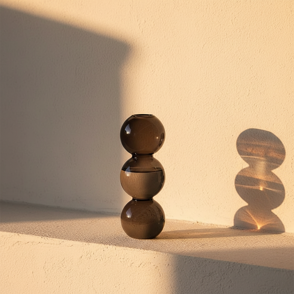 Black glass vase of stacked spheres glowing in low sun