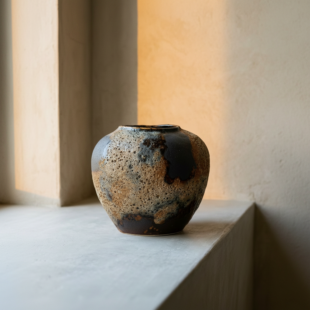 Lava glaze jar with a blistered dark surface