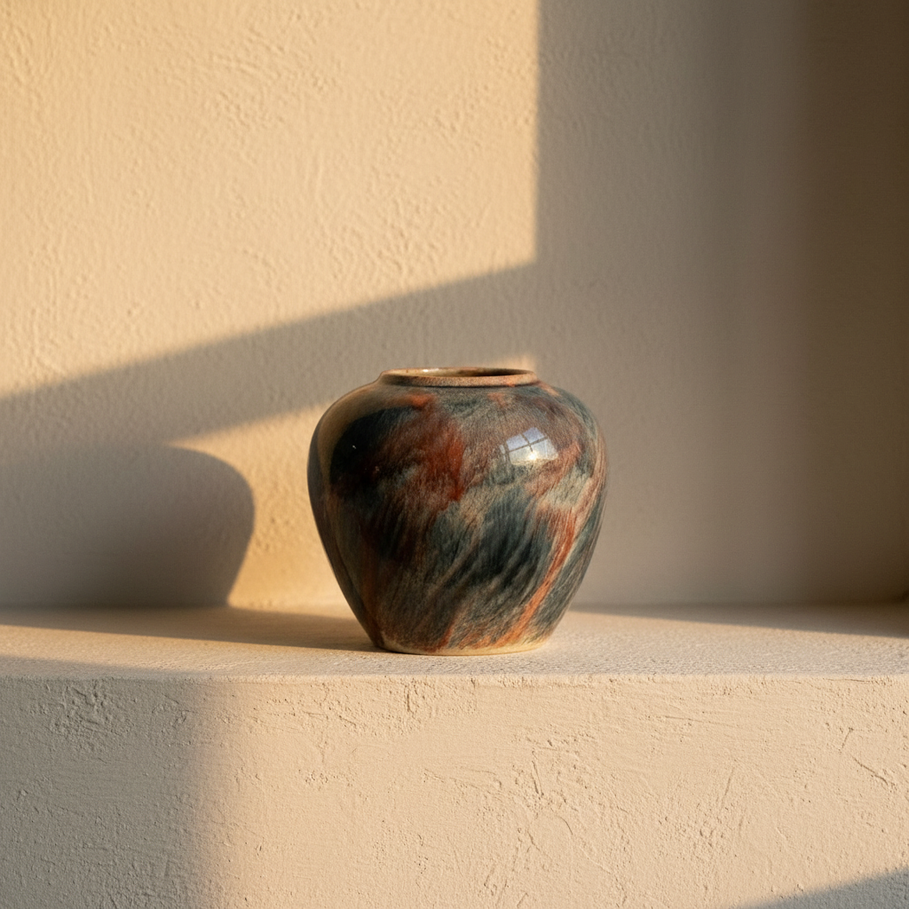 Flambe glazed jar in blue and rust on a plaster ledge