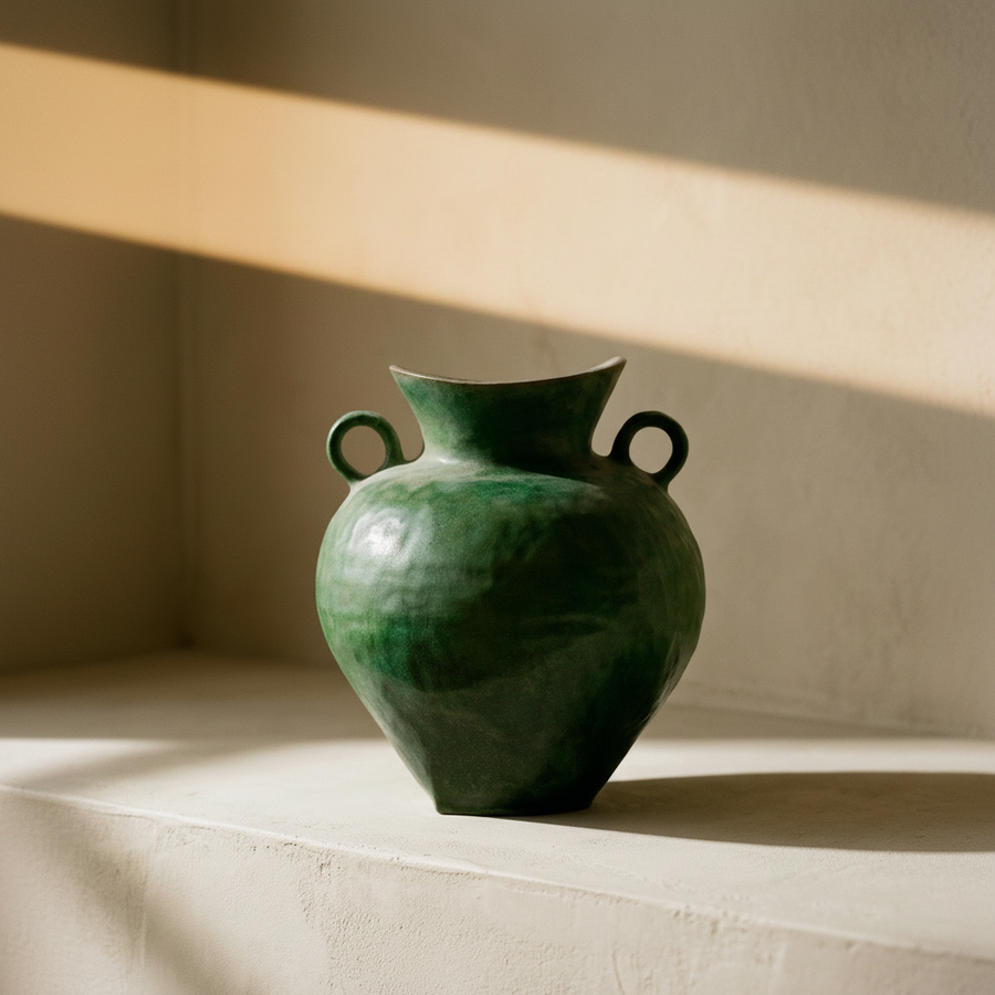 Green double-handled vase on a plaster ledge