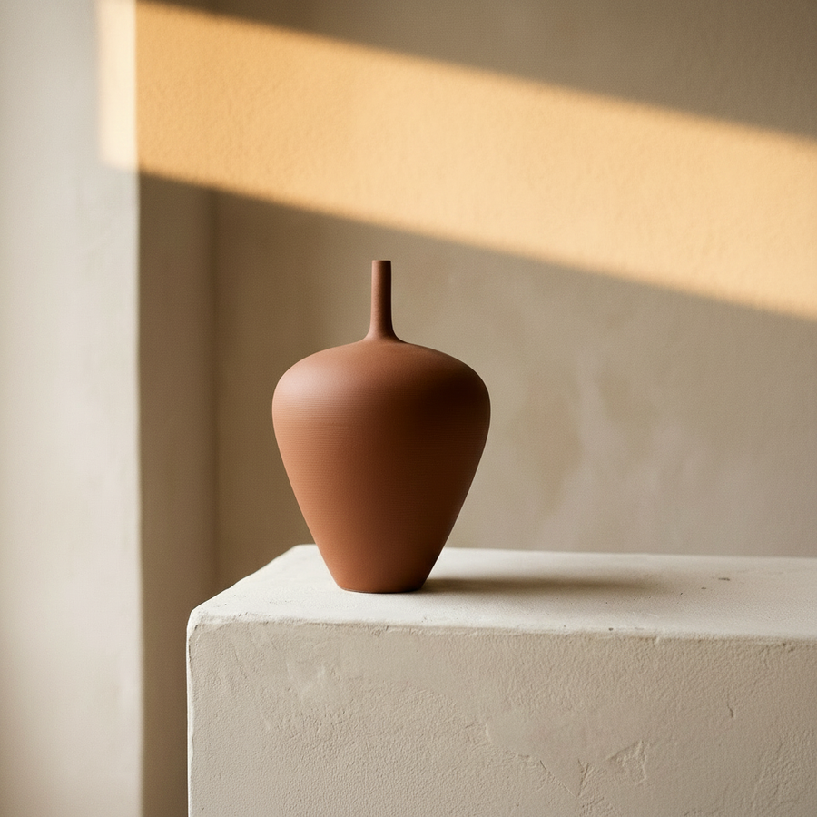 Teardrop ceramic vase in terracotta on a plaster ledge