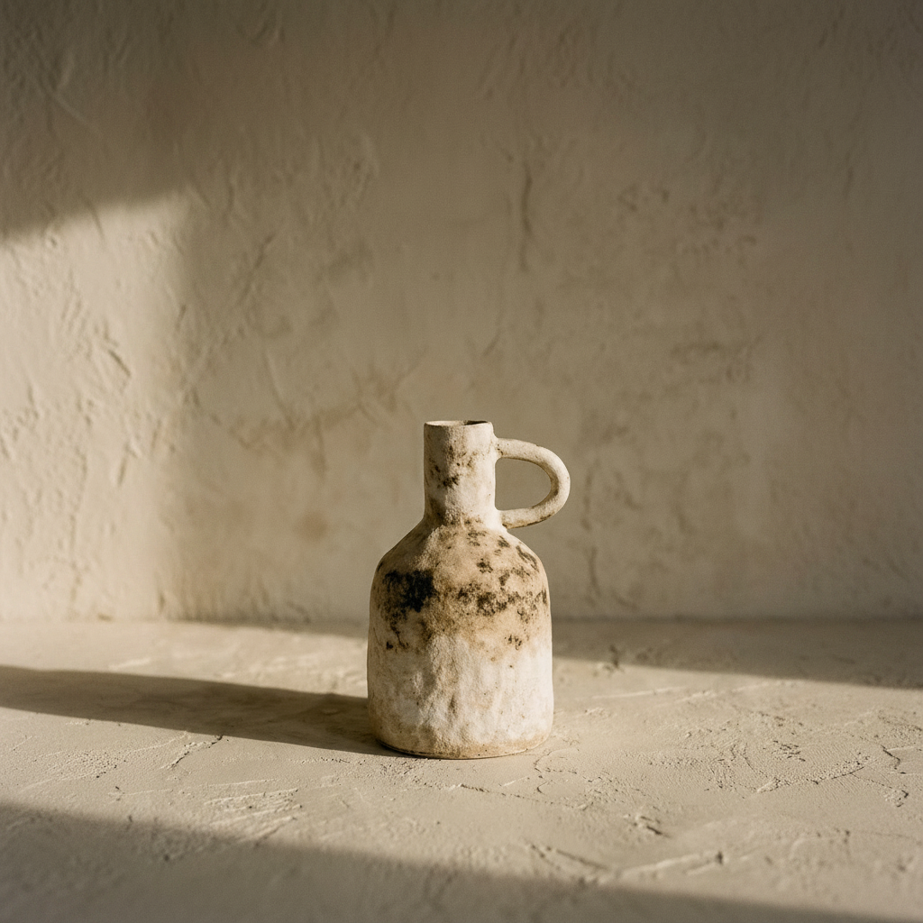 Single-handled pottery vase in speckled cream glaze