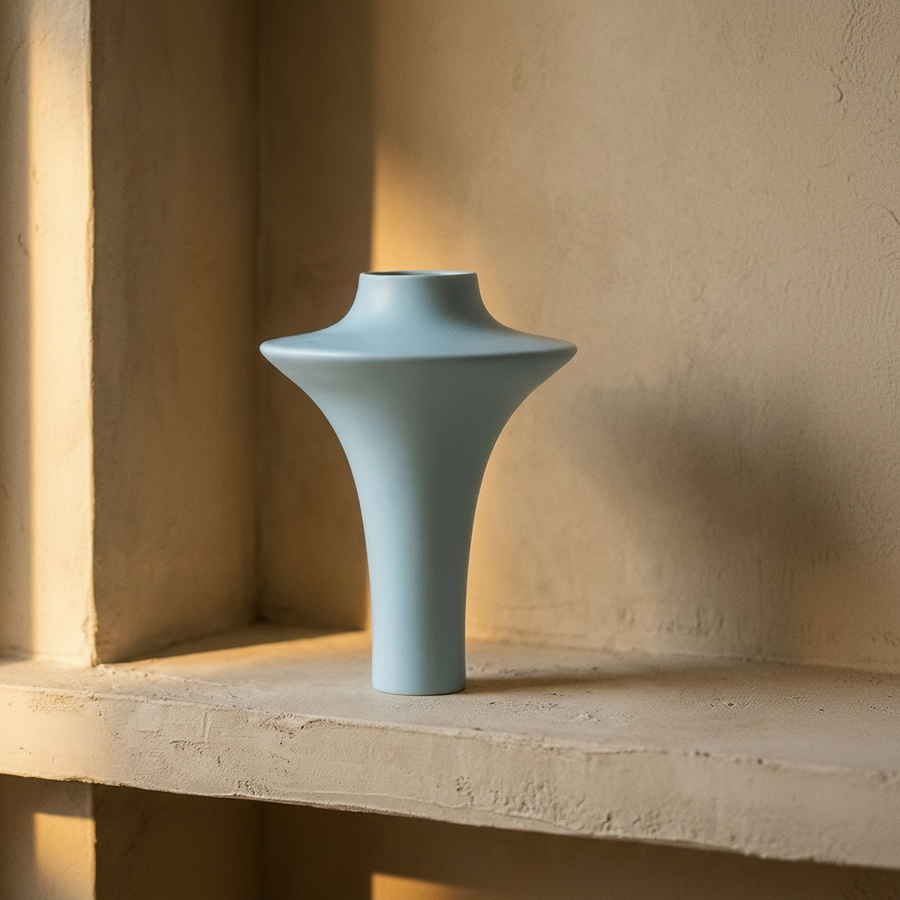 Pale blue flared ceramic vase with a trumpet rim