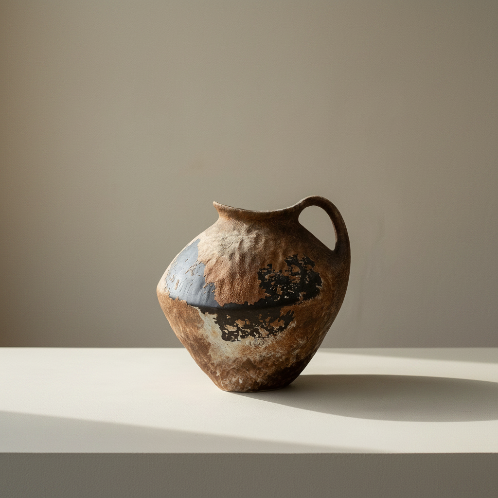 Round-bellied stoneware jug vase with an arched handle