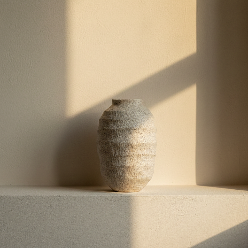 Ridged cream wabi-sabi stoneware vase