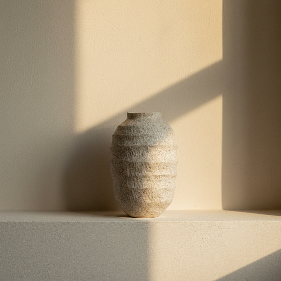 Ridged cream wabi-sabi stoneware vase