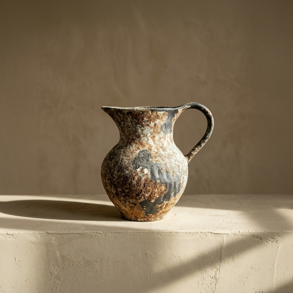 Wabi-sabi terracotta vase with a handle and mottled surface