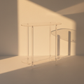 Clear acrylic console table in an empty plaster room at golden hour