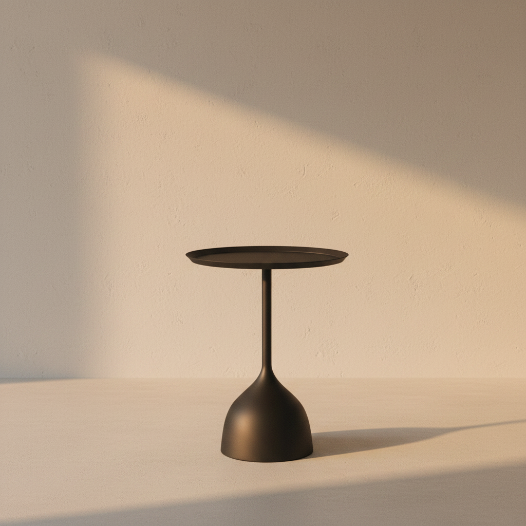 Round black side table on a flared pedestal foot
