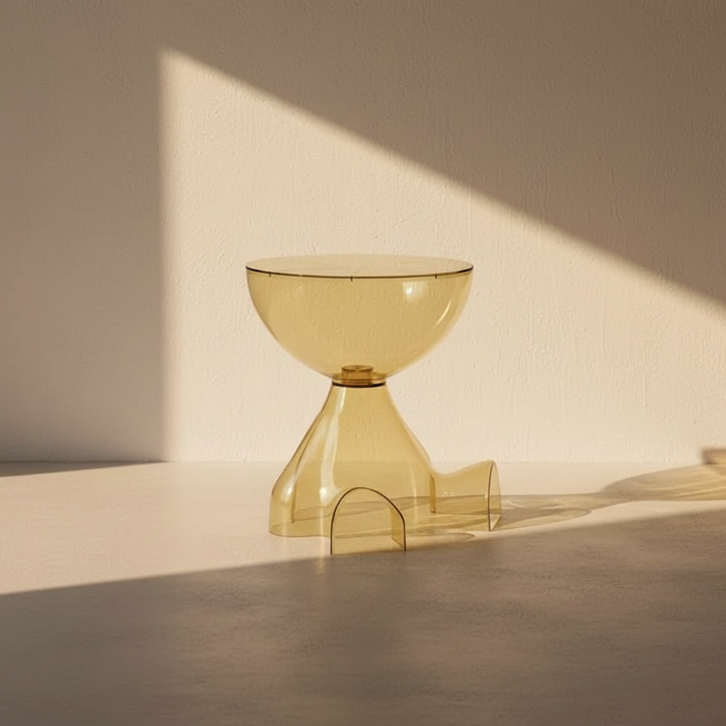 Ribbed amber acrylic side table glowing in low sun