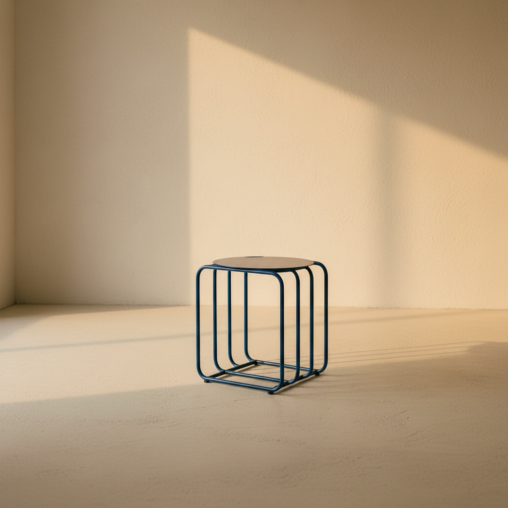 Slim blue enamelled open frame side table