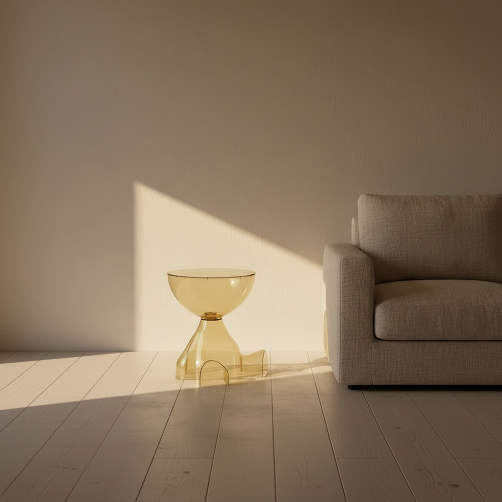 The amber acrylic side table beside a sofa, glowing in low sun at room scale