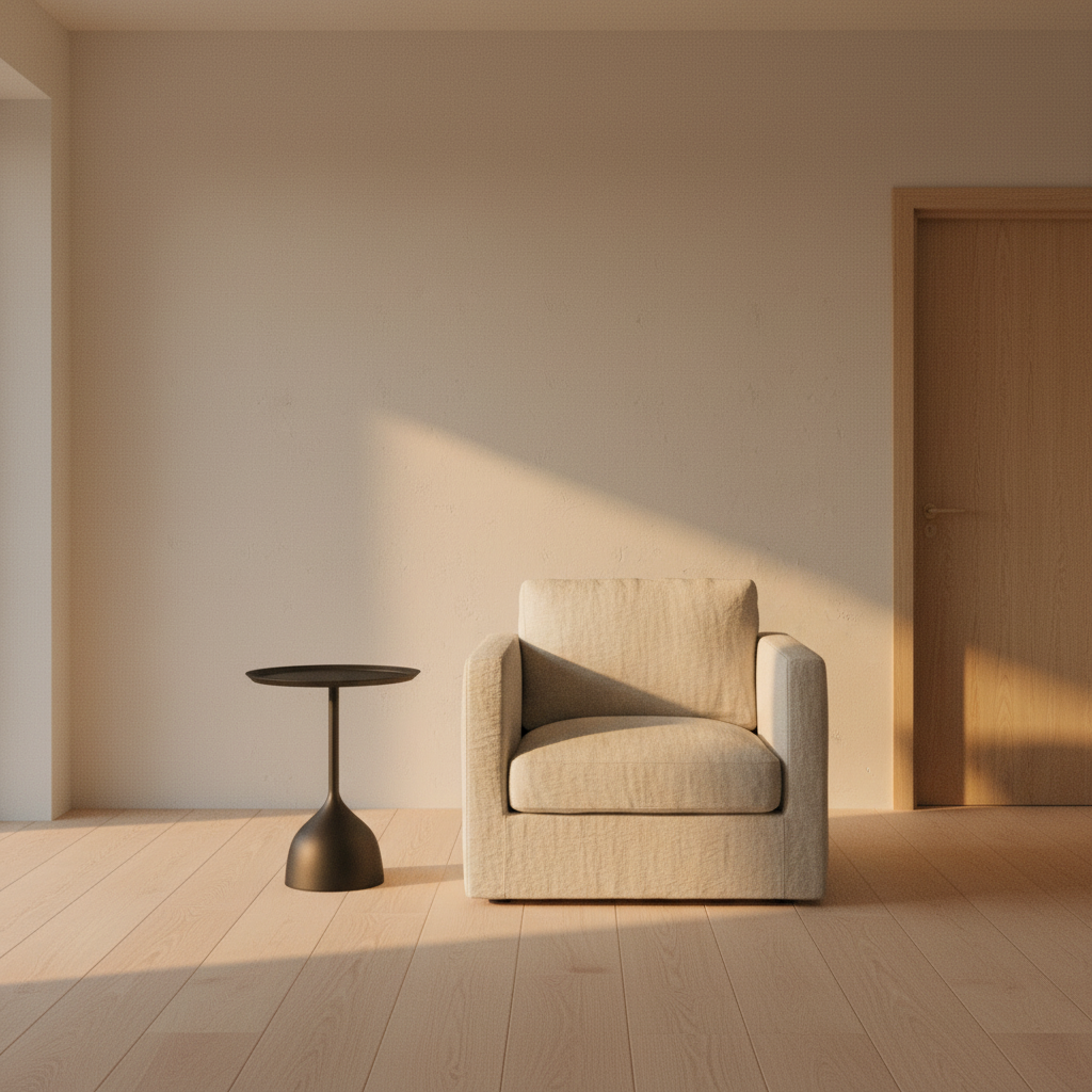 The black pedestal side table beside a linen armchair, shown at room scale