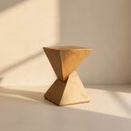 Faceted timber side table of two cones meeting point to point