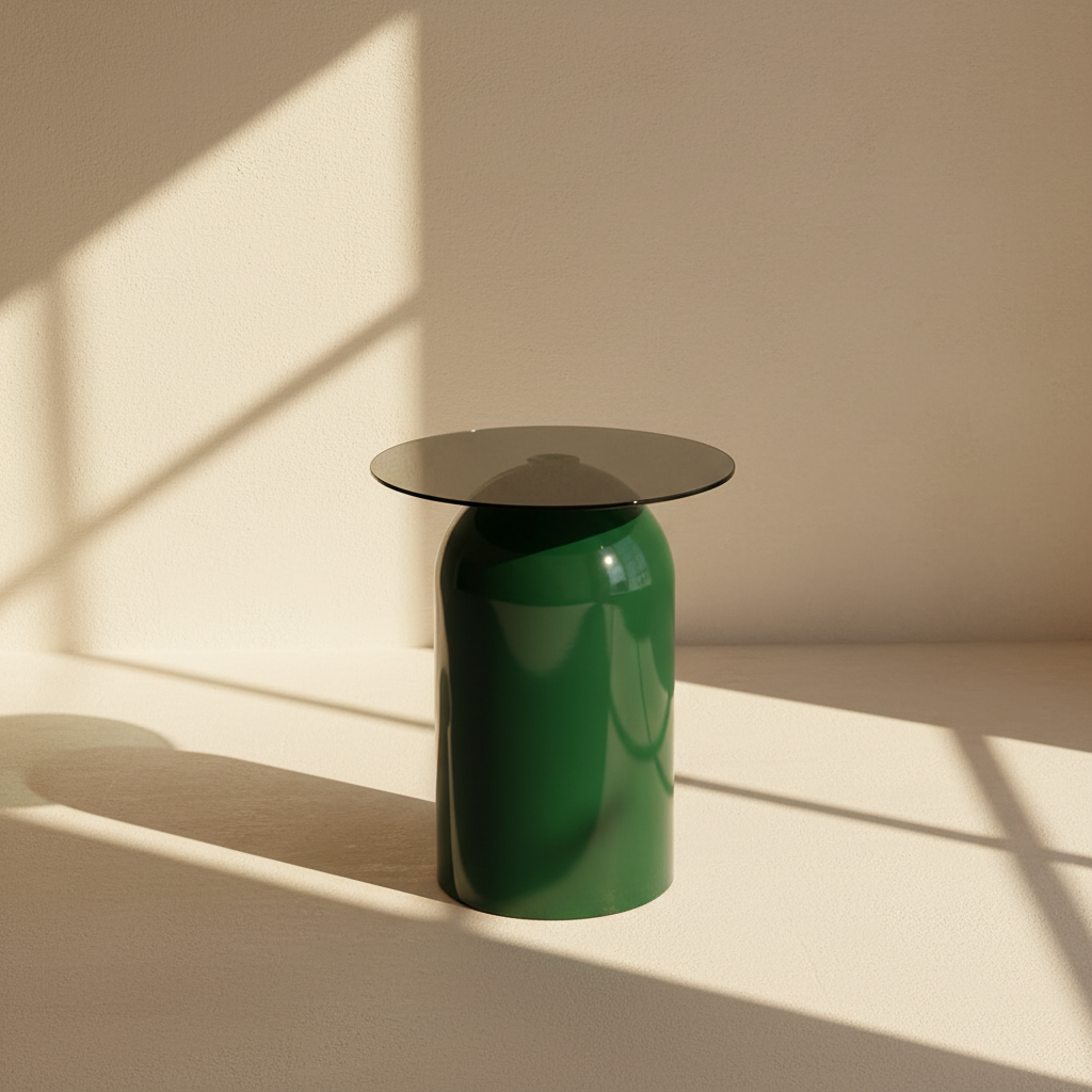 Glass disc top on a deep bottle-green cylinder base