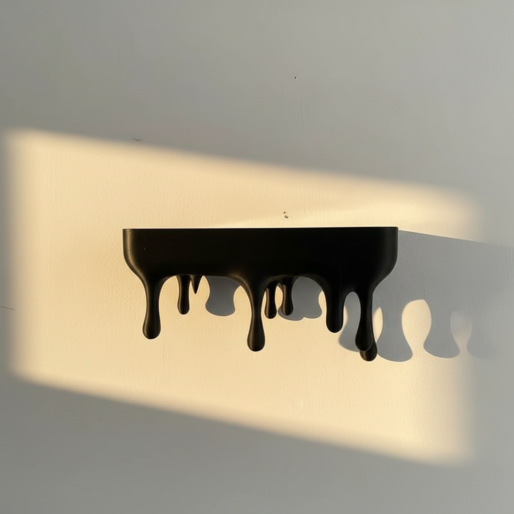 Black half-round wall shelf melting away in long drips