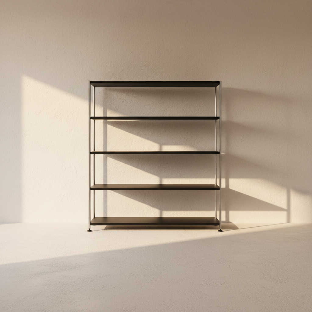 Open shelving unit with a slim silver frame and flat black shelves