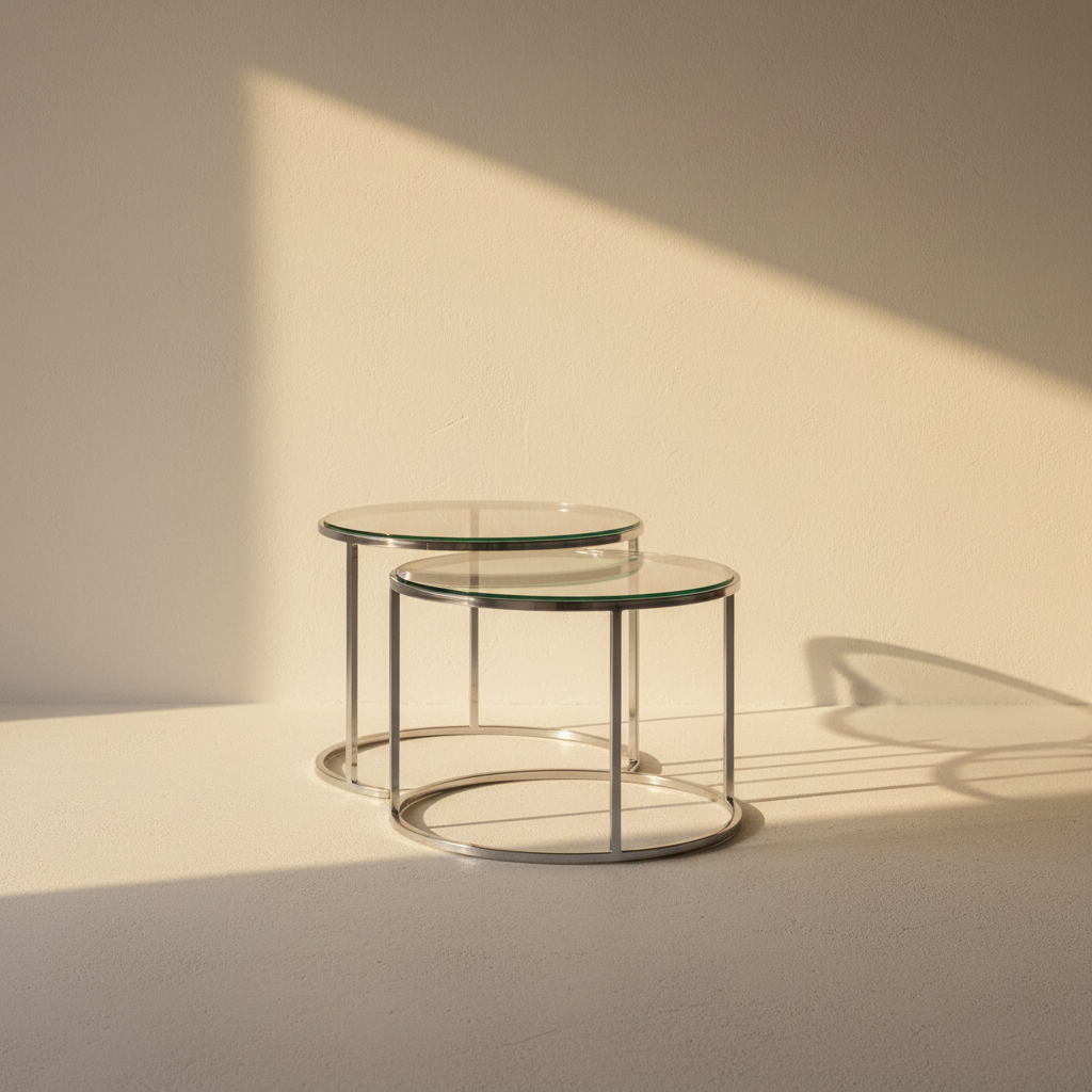 Round glass nesting side tables on slim chrome frames