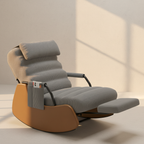 Grey padded recliner on a curved timber rocker base