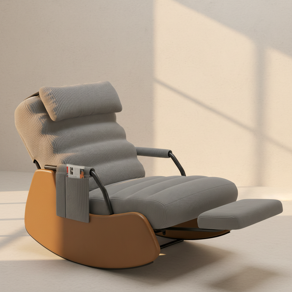 Grey padded recliner on a curved timber rocker base
