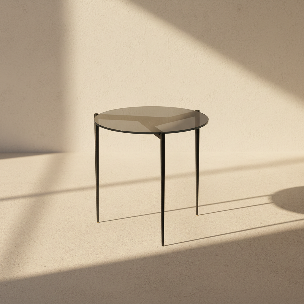 Round grey-topped side table on three fine splayed legs