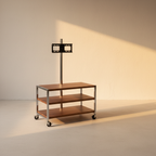 Mobile TV stand with two walnut shelves and a screen bracket