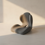 Legless grey padded floor chair with a curved moulded back