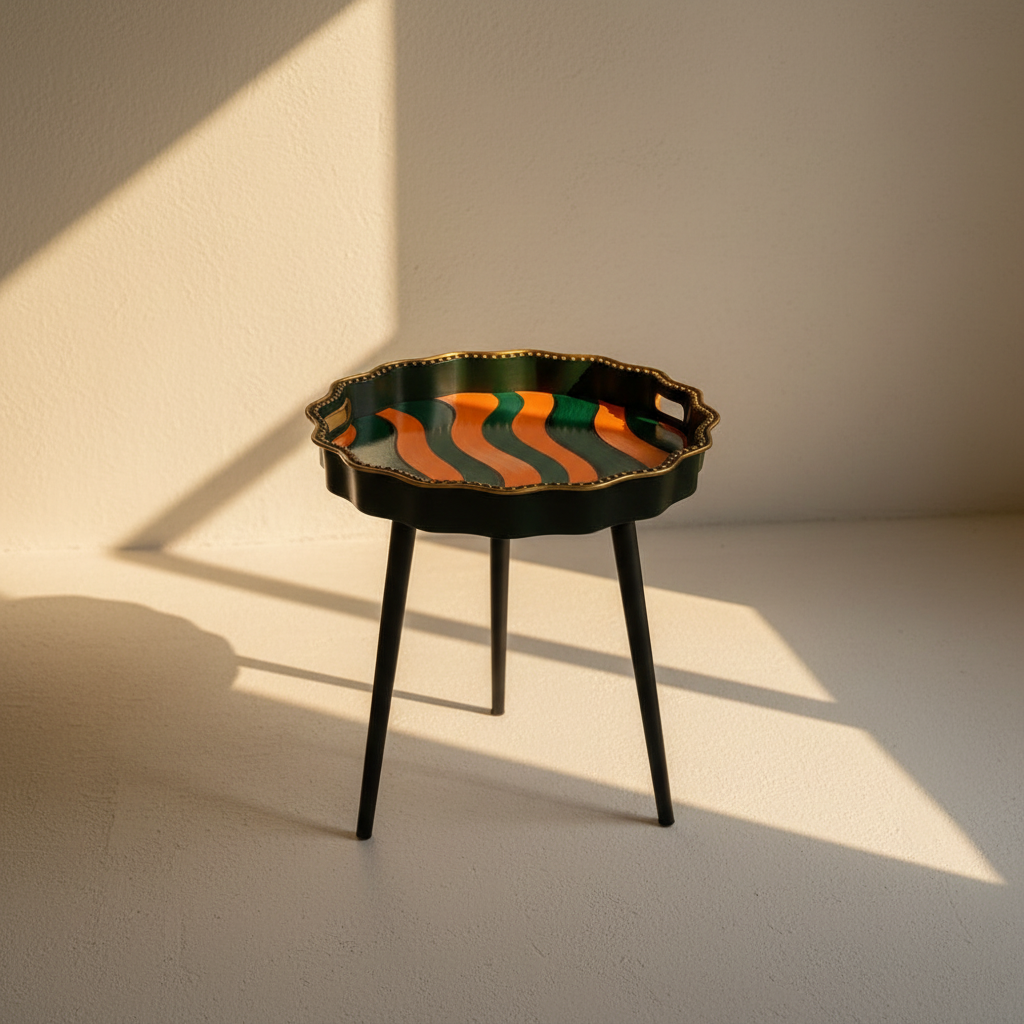 Scallop-edged tray table painted with orange and green waves