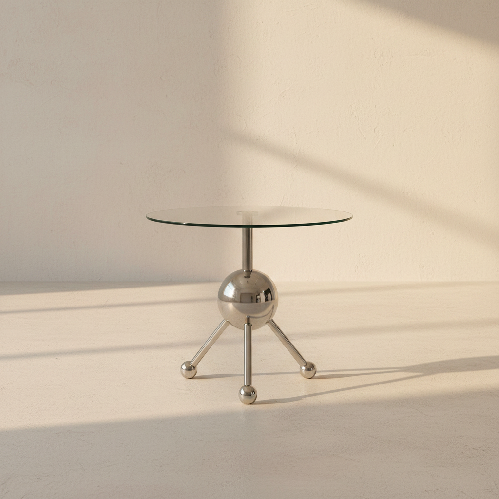 Glass-topped side table on a chrome sputnik base