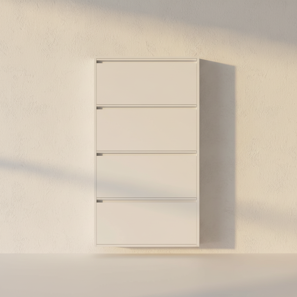 Slim white wall-mounted shoe cabinet with three tip-out fronts