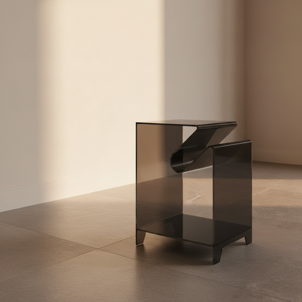 Smoked grey acrylic C-shaped side table in a plaster room