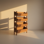 Four-tier timber record rack holding albums face-out