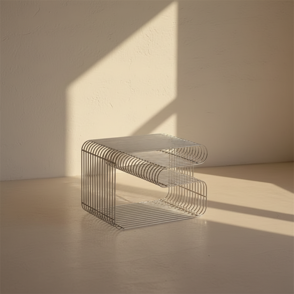 Low coffee table built from close-set metal wire
